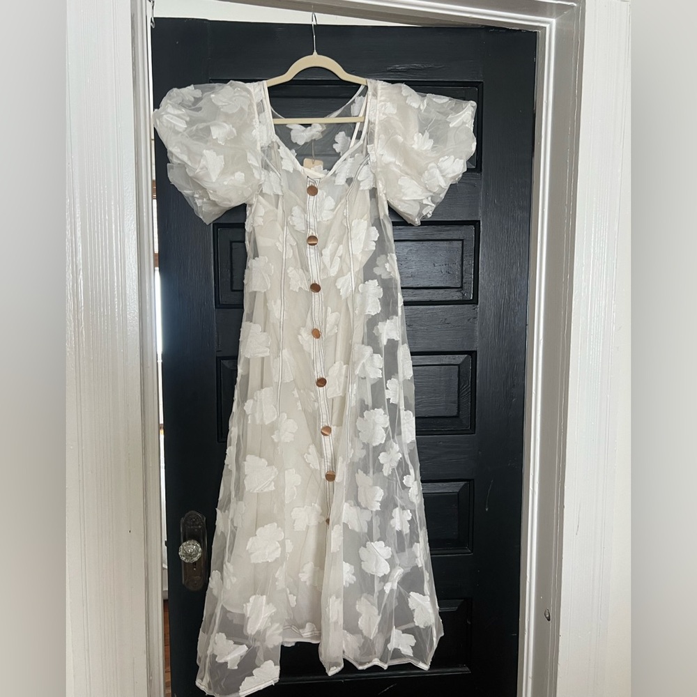 NWT Puff-Sleeve Sheer Midi Dress - Size M - Picture 5 of 7